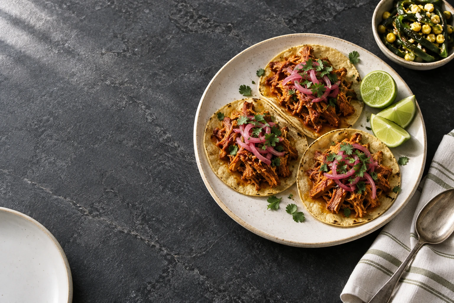 Tacos de cochinita con cebolla morada y limón