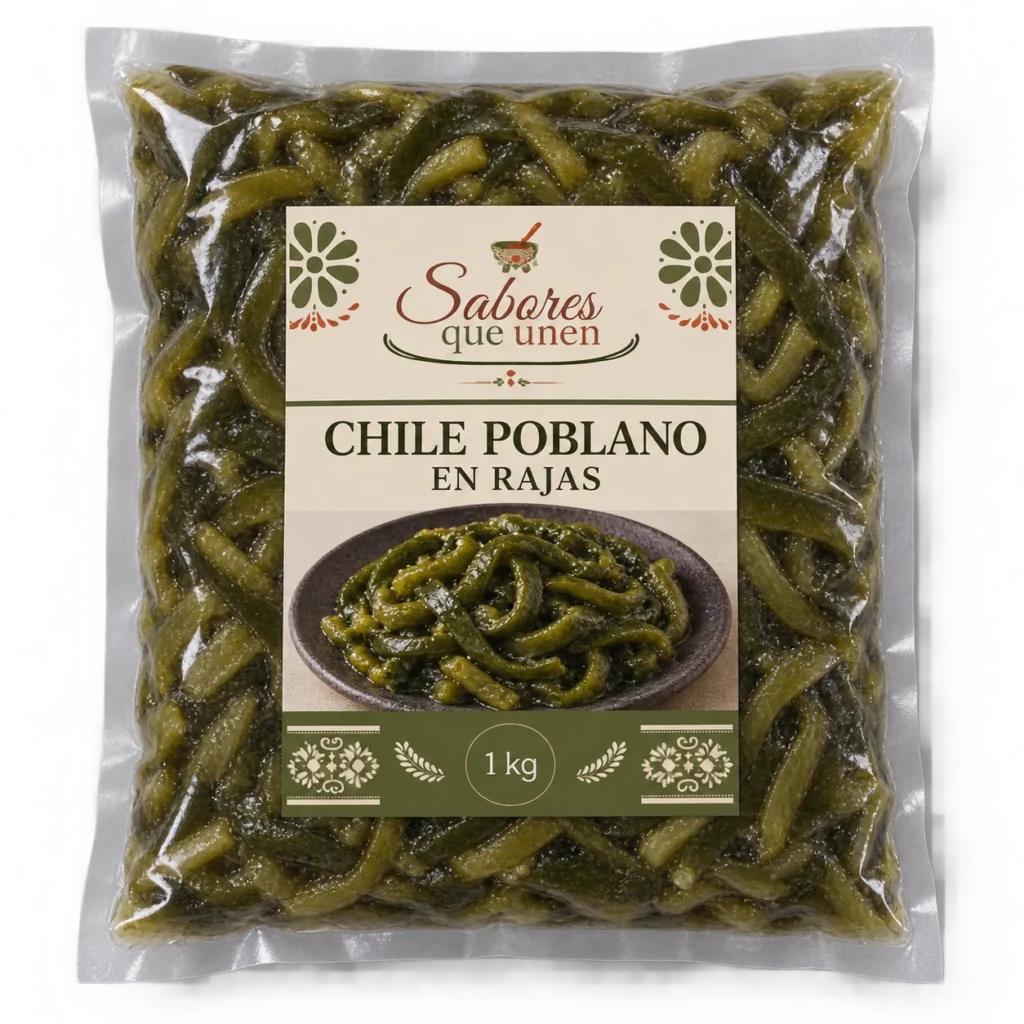 Chile poblano en rajas: mockup ilustrativo en bolsa sellada