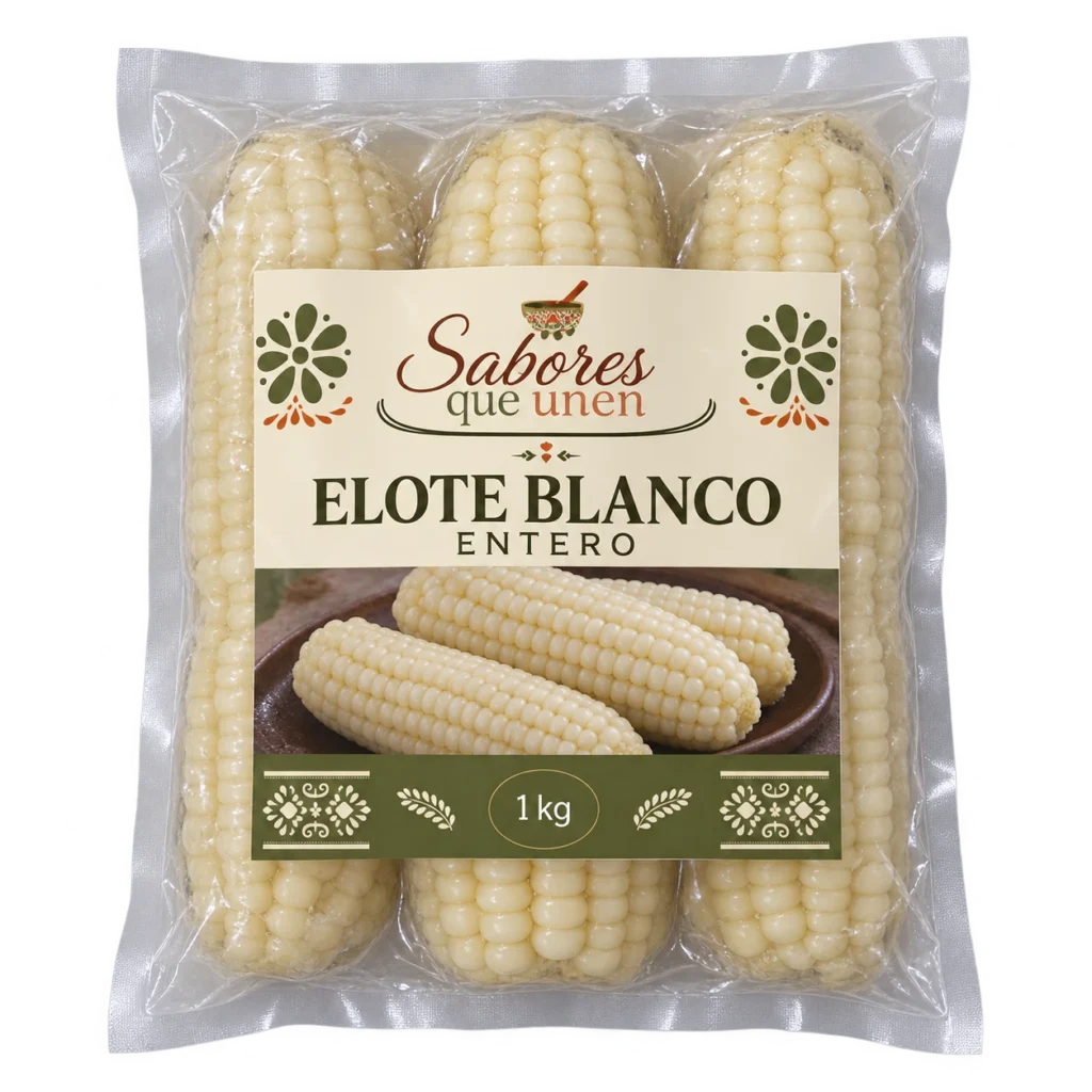 Elote blanco entero: mockup ilustrativo en bolsa sellada