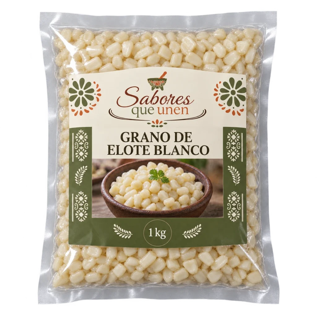 Grano de elote blanco: mockup ilustrativo en bolsa sellada